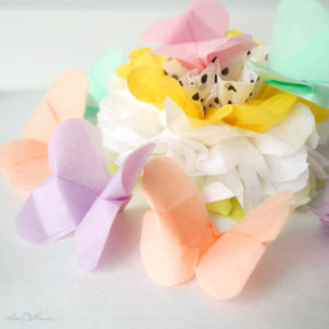 Geschenkverpackung mit Pompon und Schmetterlingen aus Seidenpapier