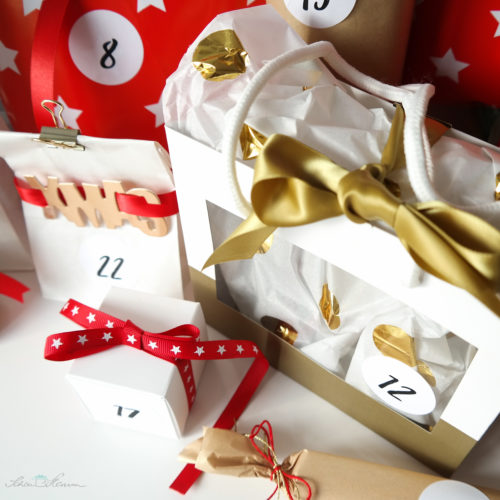 Adventskalender, rot, gold, weiss, Geschenkverpackungen