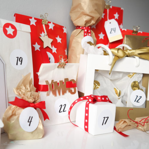 Adventskalender, rot, gold, weiss, Geschenkverpackungen
